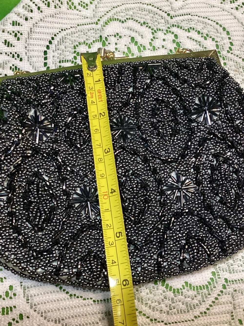 Vintage Black Beaded Evening Clutch with Gold Chain Handmade Hong Kong Kiss Lock